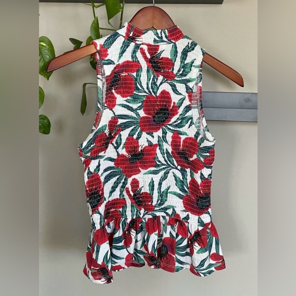 NWOT Zara White Red Tropical Ruched Sleeveless Peplum Top Blouse S 2 4 (A5) - Picture 4 of 4